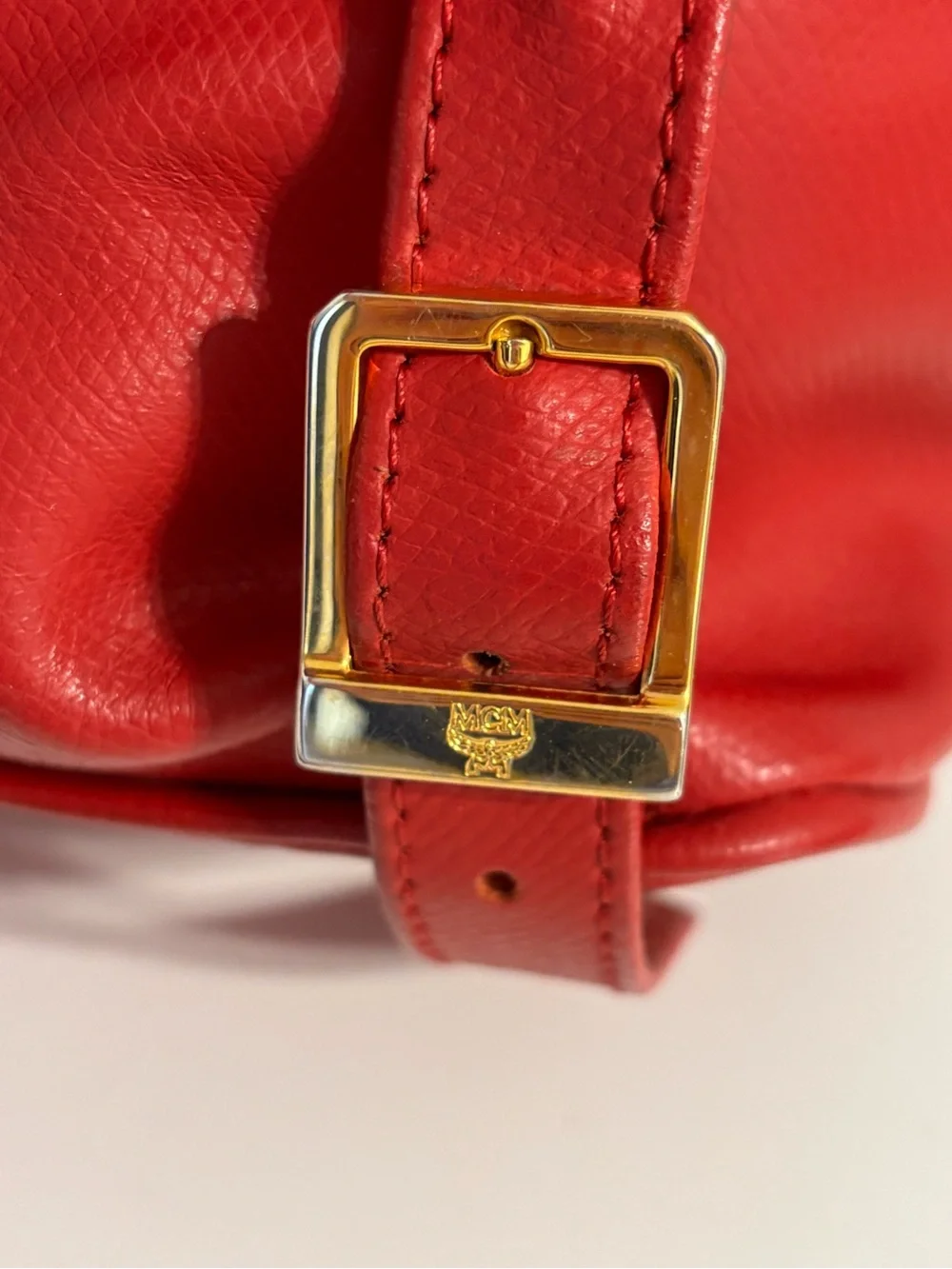 Vintage MCM München Red Leather Small Backpack Drawstring Flap Gold Hardware